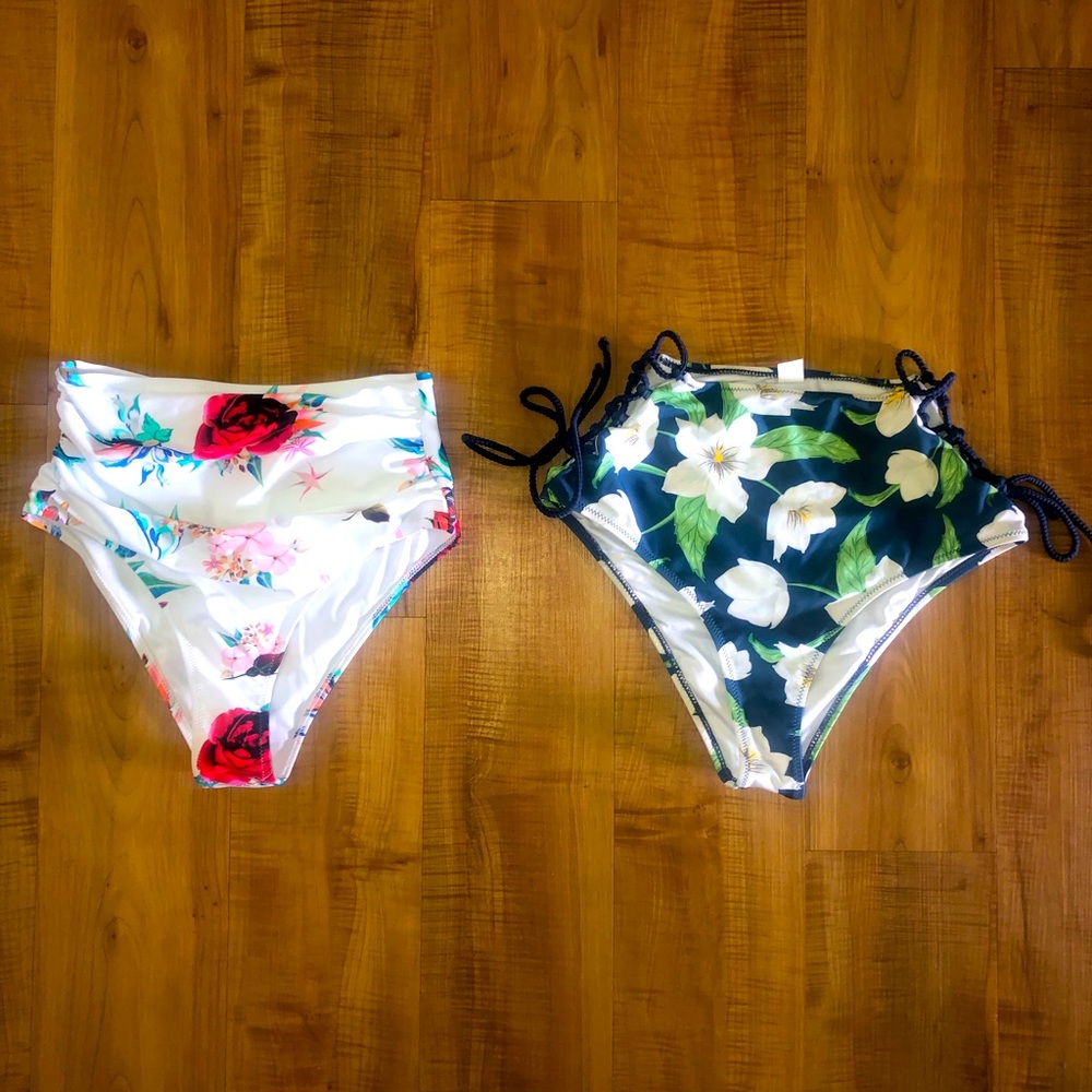 Two High Waisted Floral Bikini Bottoms - Medium